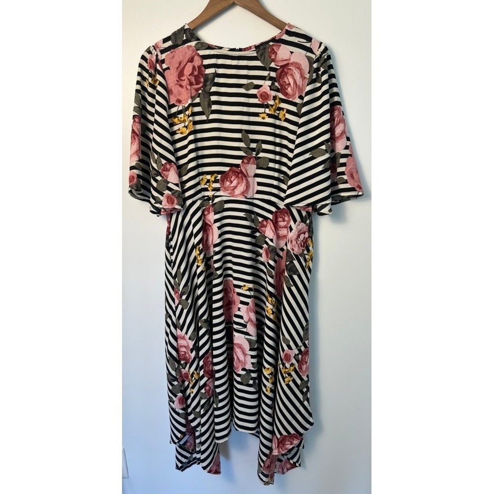 Roolee Midi Dress Wm L Pockets Striped Pink Floral Boho Whimsical Cottagecore